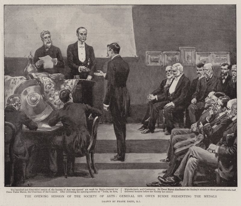La sesión inaugural de la Sociedad de Artes, el General Sir Owen Burne presentando las medallas de Frank Dadd