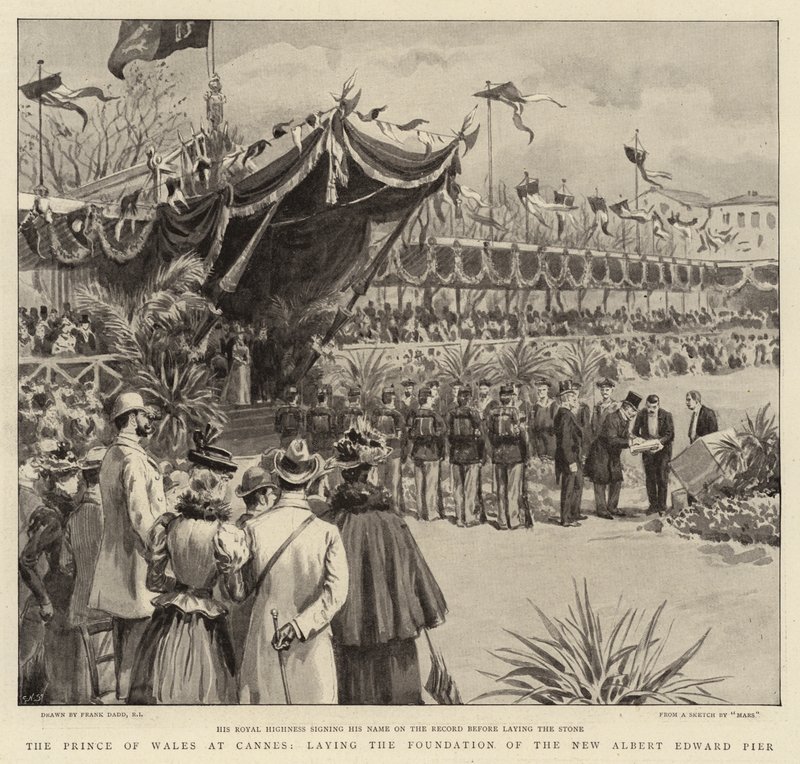 El Príncipe de Gales en Cannes, colocando la primera piedra del nuevo muelle Albert Edward de Frank Dadd