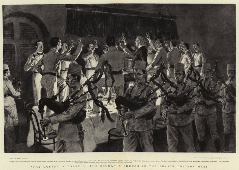 La Reina, un Brindis en el Sudán, un Boceto en el Mess de la Brigada Suakin de Frank Dadd