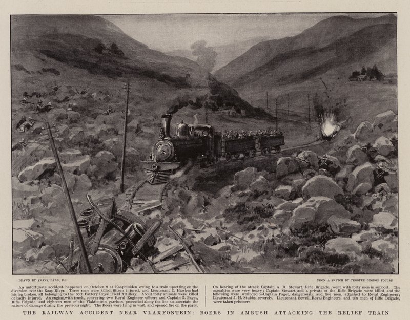 El accidente ferroviario cerca de Vlakfontein, Boers en emboscada atacando el tren de socorro de Frank Dadd