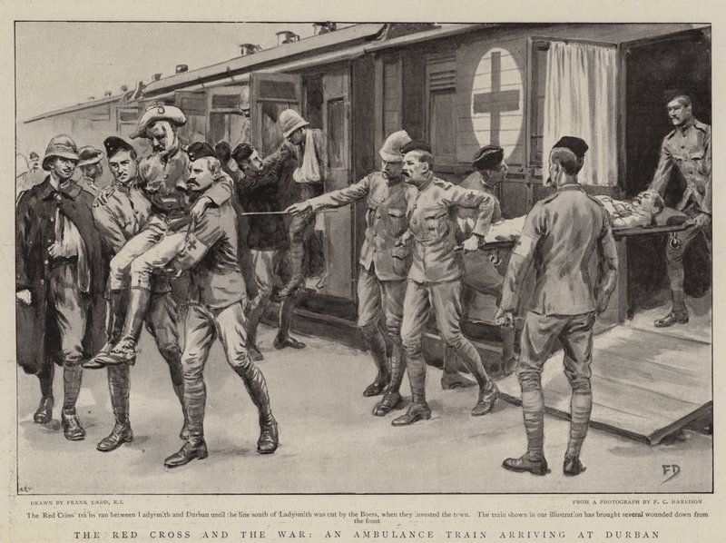 La Cruz Roja y la Guerra, un tren ambulancia llegando a Durban de Frank Dadd