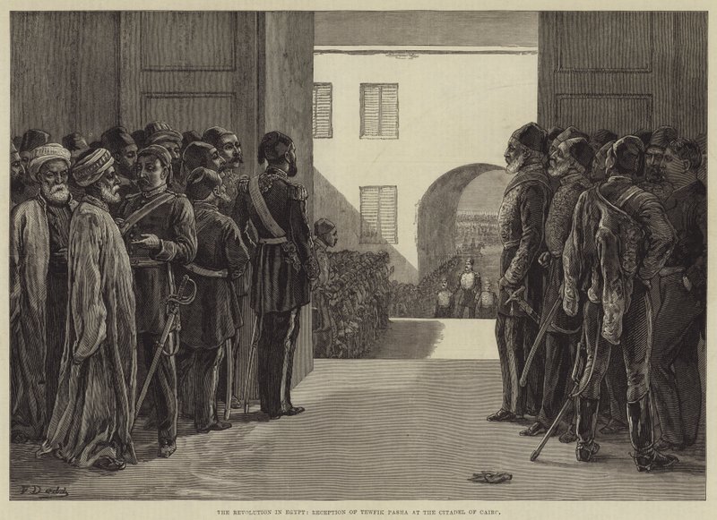 La revolución en Egipto, recepción de Tewfik Pasha en la Ciudadela de El Cairo de Frank Dadd