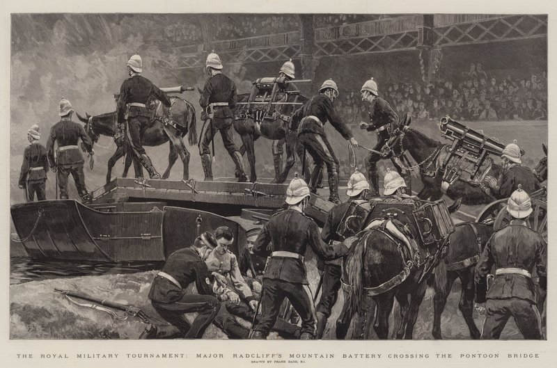 El torneo militar real, la batería de montaña del Mayor Radcliff cruzando el puente de pontones de Frank Dadd