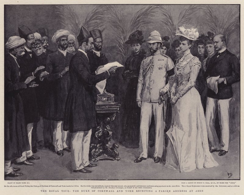 La gira real, el duque de Cornualles y York recibiendo una dirección parsi en Adén de Frank Dadd