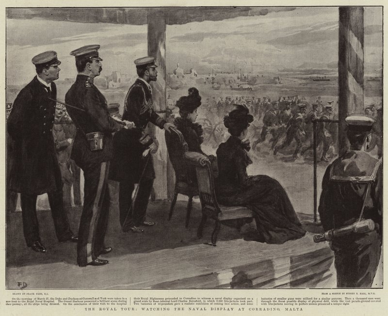 El Tour Real, observando la exhibición naval en Corradino, Malta de Frank Dadd