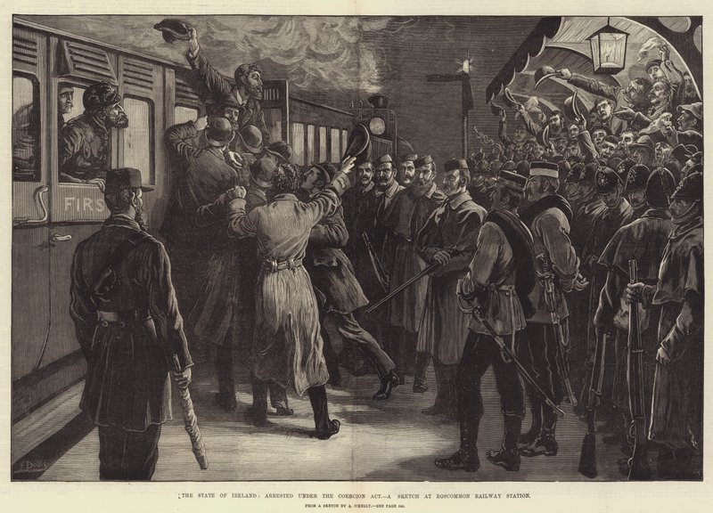 El estado de Irlanda, arrestado bajo la Ley de Coerción, un boceto en la estación de tren de Roscommon de Frank Dadd