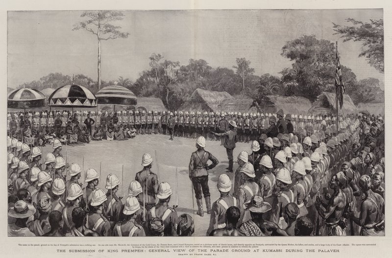 La sumisión del Rey Prempeh, vista general del campo de desfile en Kumassi durante la reunión de Frank Dadd