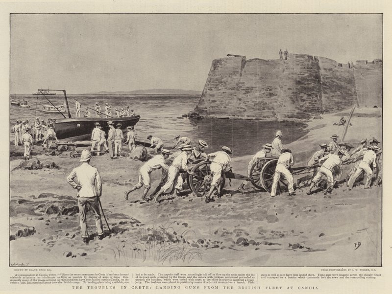 Los Problemas en Creta, desembarcando Cañones de la Flota Británica en Candia de Frank Dadd