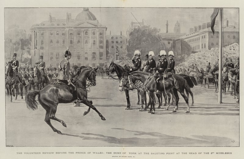 Revisión de voluntarios ante el Príncipe de Gales, el Duque de York en el punto de saludo a la cabeza del 3er Middlesex de Frank Dadd