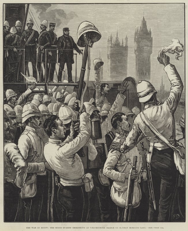 La guerra en Egipto, los guardias escoceses embarcando en el Puente de Westminster el domingo por la mañana de Frank Dadd