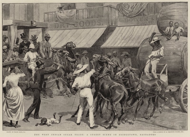 El comercio de azúcar de las Indias Occidentales, una escena callejera en Bridgetown, Barbados de Frank Dadd