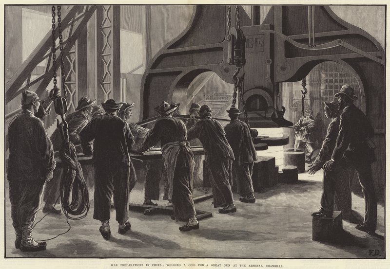 Preparativos de guerra en China, soldando una bobina para un gran cañón en el Arsenal, Shanghái de Frank Dadd