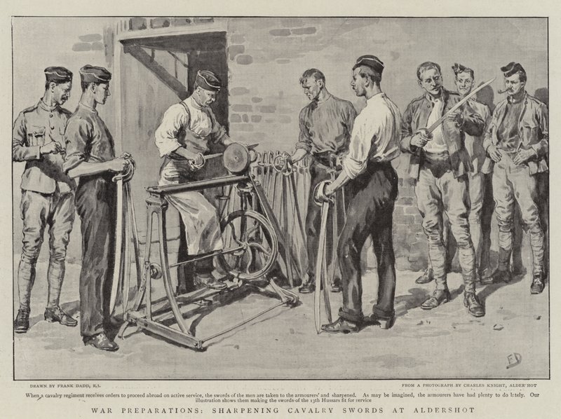 Preparativos de guerra, afilando espadas de caballería en Aldershot de Frank Dadd