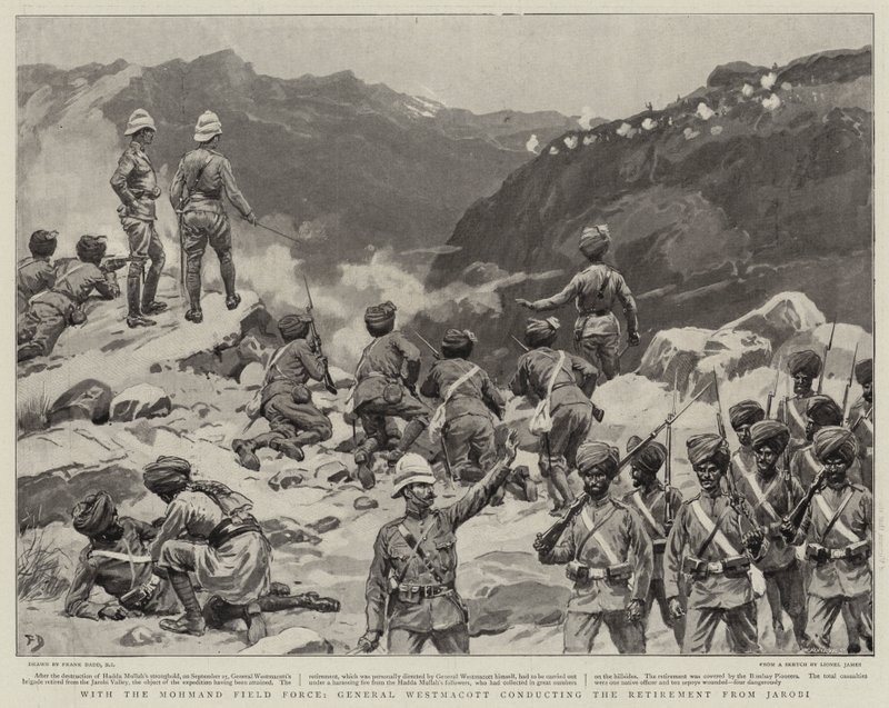 Con la Fuerza de Campo Mohmand, el General Westmacott conduciendo la retirada de Jarobi de Frank Dadd