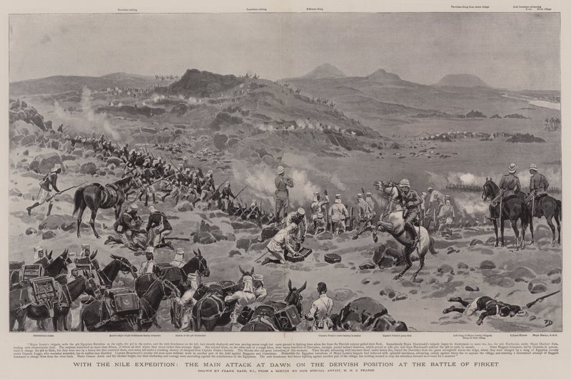 Con la expedición del Nilo, el ataque principal al amanecer en la posición derviche en la batalla de Firket de Frank Dadd