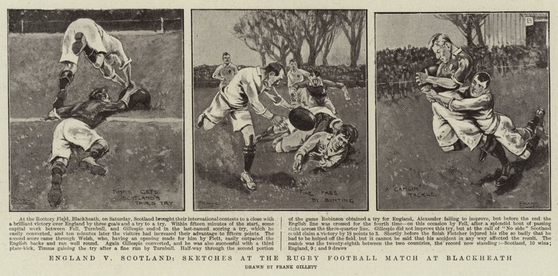 Inglaterra contra Escocia, bocetos en el partido de rugby en Blackheath de Frank Gillett