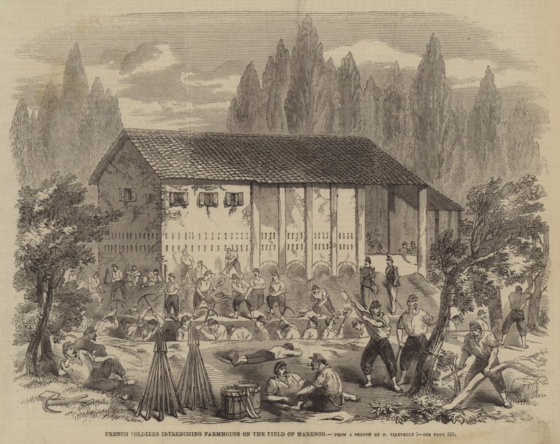 Soldados Franceses atrincherando una Granja en el Campo de Marengo de Frank Vizetelly