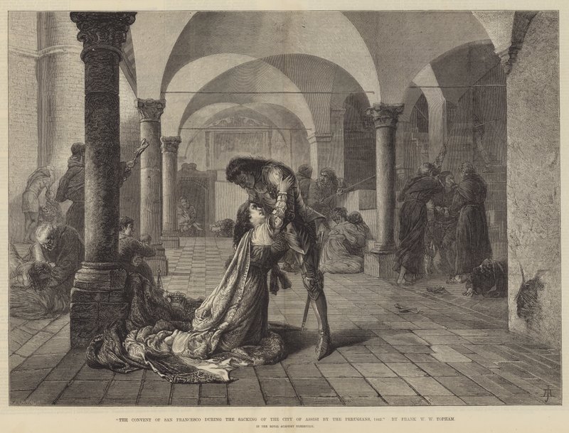 El Convento de San Francisco durante el Saqueo de la Ciudad de Asís por los Perugianos, 1442 de Frank William Warwick Topham