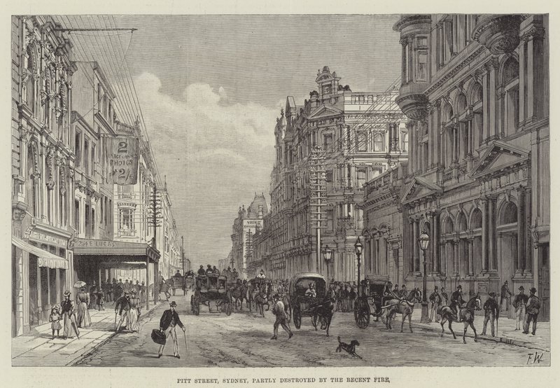 Pitt Street, Sídney, parcialmente destruida por el reciente incendio de Frank Watkins