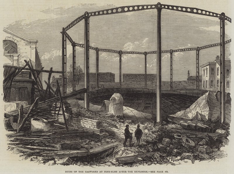 Ruinas de la fábrica de gas en Nine-Elms después de la explosión de Frank Watkins