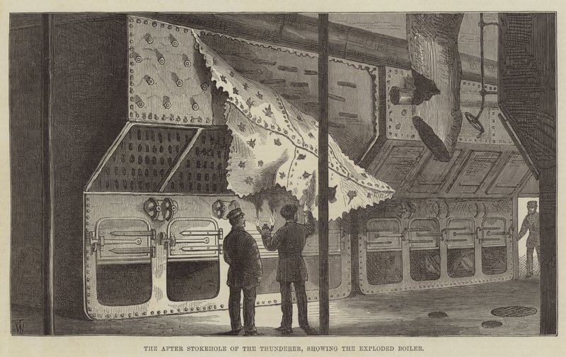 La sala de calderas del Thunderer, mostrando la caldera explotada de Frank Watkins
