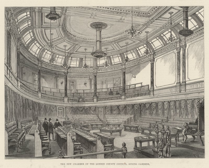 La nueva cámara del Consejo del Condado de Londres, Spring Gardens de Frank Watkins
