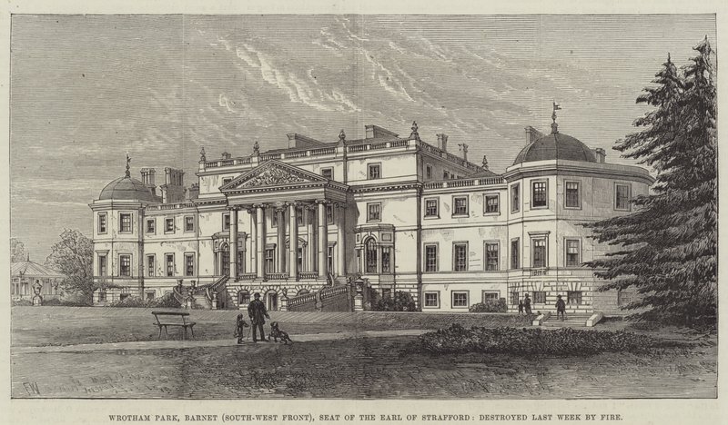 Wrotham Park, Barnet (Frente Suroeste), Sede del Conde de Strafford, destruido la semana pasada por un incendio de Frank Watkins