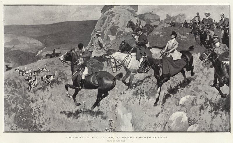Un día exitoso con los sabuesos de ciervos de Devon y Somerset en Exmoor (litografía) de Frank Craig