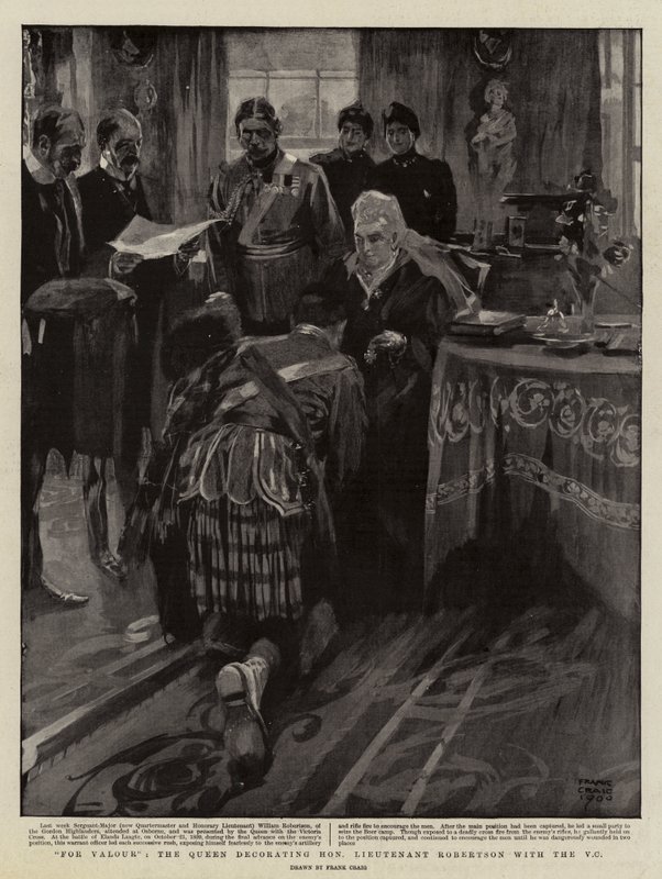 Por Valor, la Reina condecorando al Teniente Honorable Robertson con la V C de Frank Craig