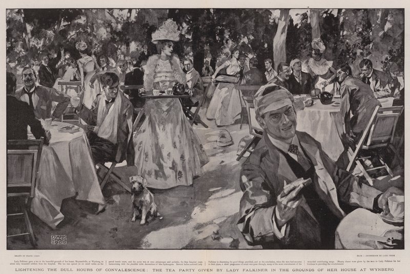 Aligerando las horas aburridas de la convalecencia, la fiesta del té dada por Lady Falkiner en los terrenos de su casa en Wynberg de Frank Craig