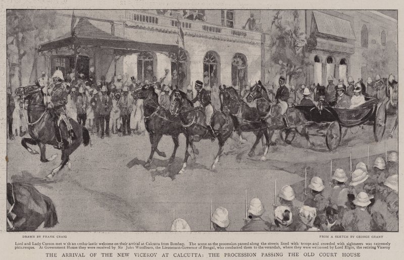 La llegada del nuevo virrey a Calcuta, la procesión pasando por la antigua Casa de la Corte de Frank Craig