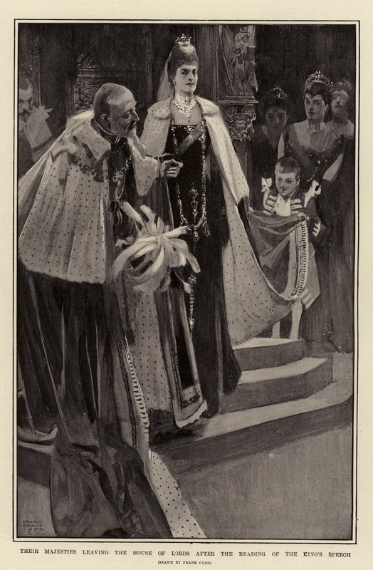 Sus Majestades saliendo de la Casa de los Lores después de la lectura del discurso del Rey de Frank Craig