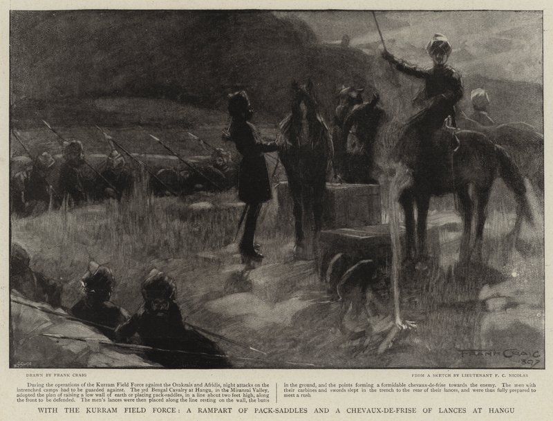 Con la Fuerza de Campo de Kurram, una muralla de sillas de montar y un Chevaux-de-Frise de lanzas en Hangu de Frank Craig