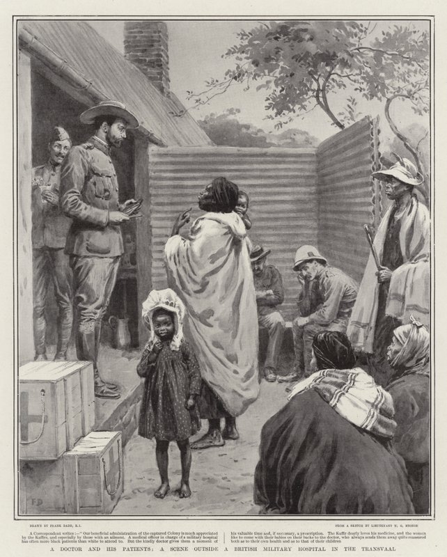 Un doctor y sus pacientes, una escena fuera de un hospital militar británico en el Transvaal de Frank Dadd