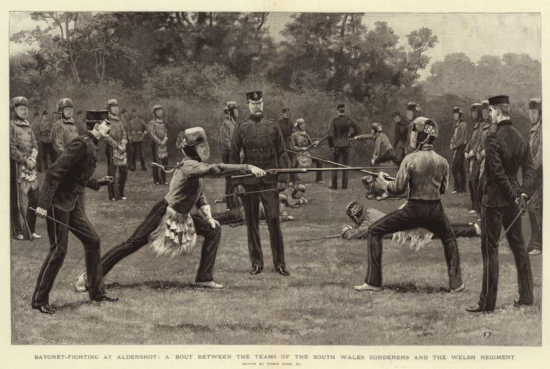 Lucha con bayoneta en Aldershot, un combate entre los equipos de los South Wales Borderers y el Welsh Regiment de Frank Dadd