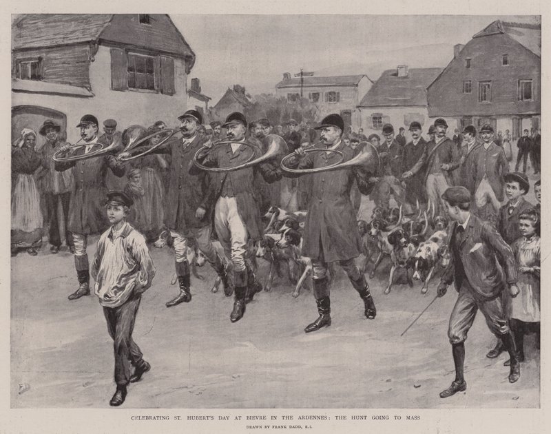 Celebrando el Día de San Huberto en Bievre en las Ardenas, la caza yendo a misa de Frank Dadd