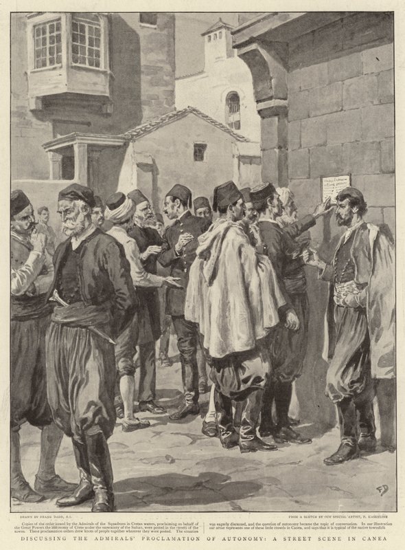 Discutiendo la Proclamación de Autonomía del Almirante, una Escena Callejera en Canea de Frank Dadd