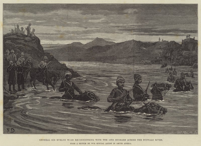 El general Sir Evelyn Wood reconociendo con los 15º Húsares a través del río Buffalo de Frank Dadd