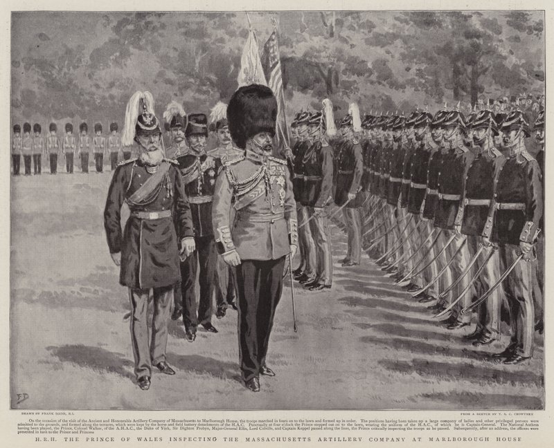 SAR el Príncipe de Gales inspeccionando la Compañía de Artillería de Massachusetts en Marlborough House de Frank Dadd