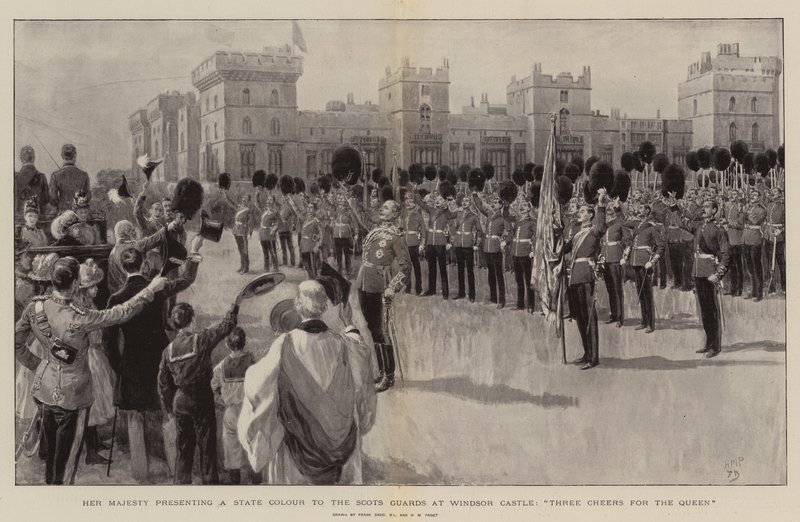 Su Majestad presentando un color de estado a los Guardias Escoceses en el Castillo de Windsor, tres hurras por la Reina de Frank Dadd