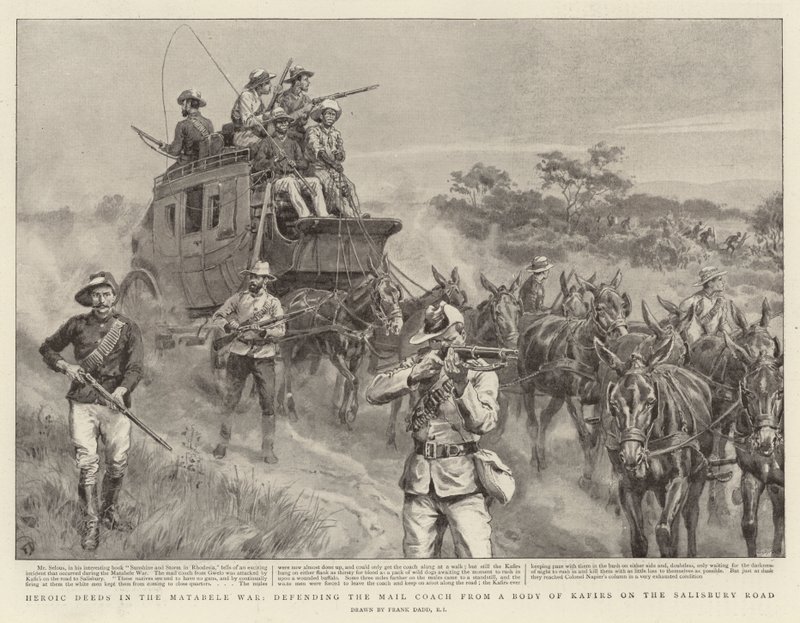 Hazañas heroicas en la guerra de Matabele, defendiendo el coche de correos de un grupo de cafres en el camino de Salisbury de Frank Dadd