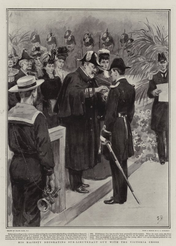 Su Majestad condecorando al Subteniente Guy con la Cruz Victoria de Frank Dadd