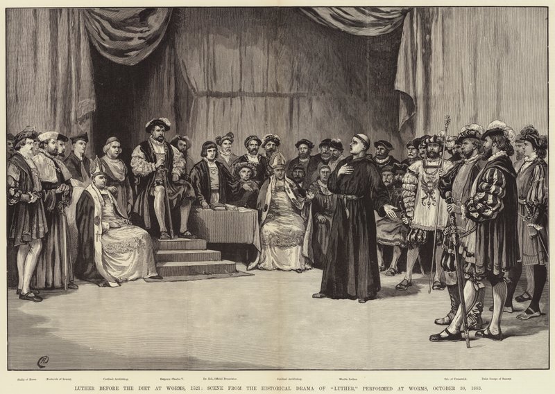 Lutero ante la Dieta de Worms, 1521, Escena del Drama Histórico de Lutero, representado en Worms, 30 de octubre de 1883 de Frank Dadd