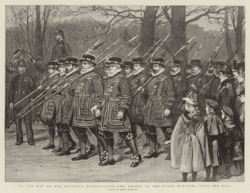 En camino al Salón de Audiencias de Su Majestad, los Yeomen de la Guardia marchando por el Mall de Frank Dadd