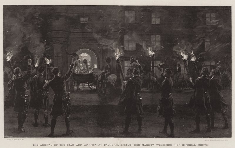 La Llegada del Zar y la Zarina al Castillo de Balmoral, Su Majestad dando la bienvenida a sus Huéspedes Imperiales de Frank Dadd