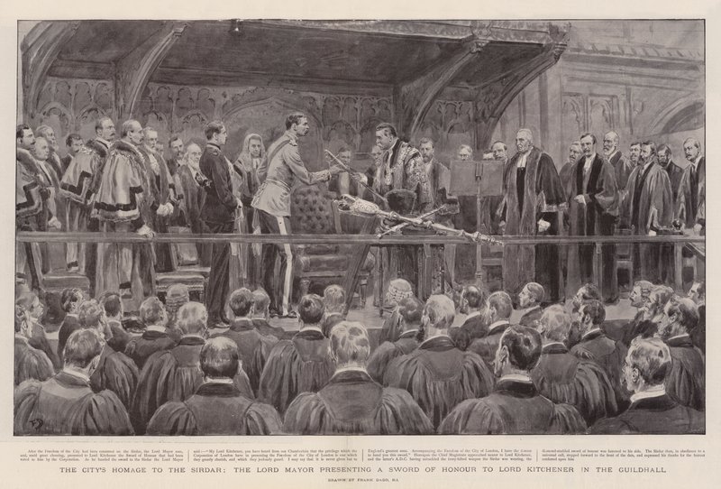 El homenaje de la ciudad al Sirdar, el alcalde presentando una espada de honor a Lord Kitchener en el Guildhall de Frank Dadd