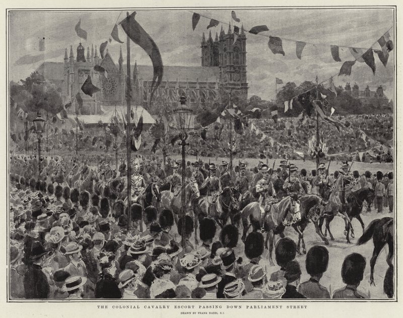 La escolta de caballería colonial pasando por Parliament Street de Frank Dadd