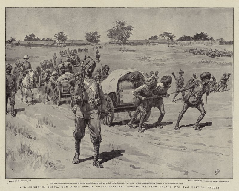 La crisis en China, el primer cuerpo de coolies llevando provisiones a Pekín para las tropas británicas de Frank Dadd