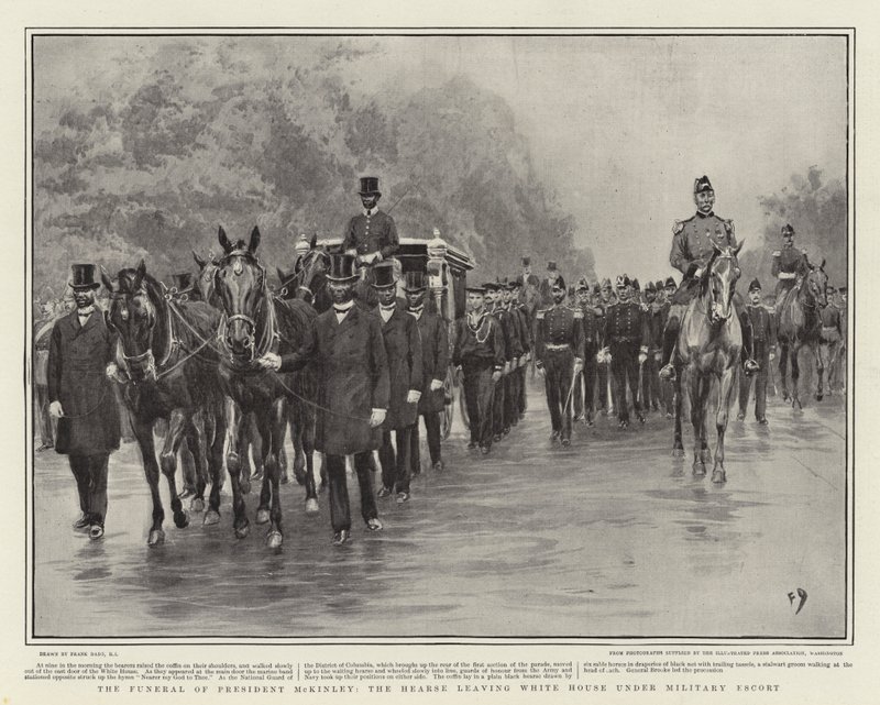 El funeral del presidente McKinley, el coche fúnebre saliendo de la Casa Blanca bajo escolta militar de Frank Dadd