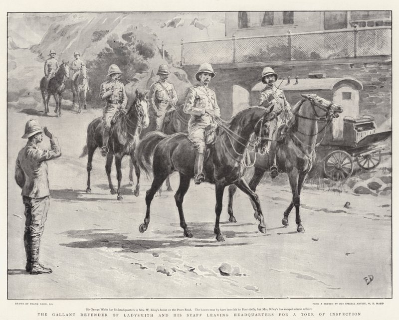 El valiente defensor de Ladysmith y su personal saliendo del cuartel general para una gira de inspección de Frank Dadd